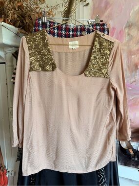 Sezane Blush Pink Blouse with Gold Sequin Shoulders